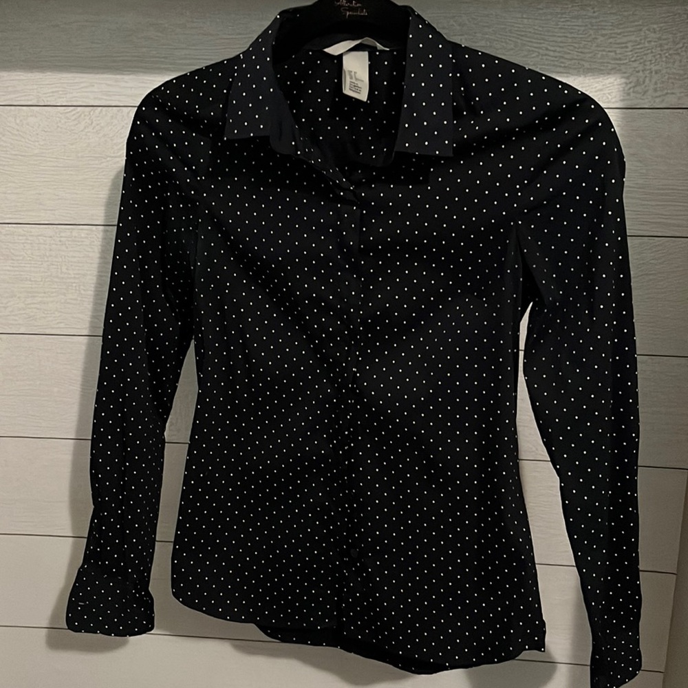 Navy blue and white polka dot button down like new